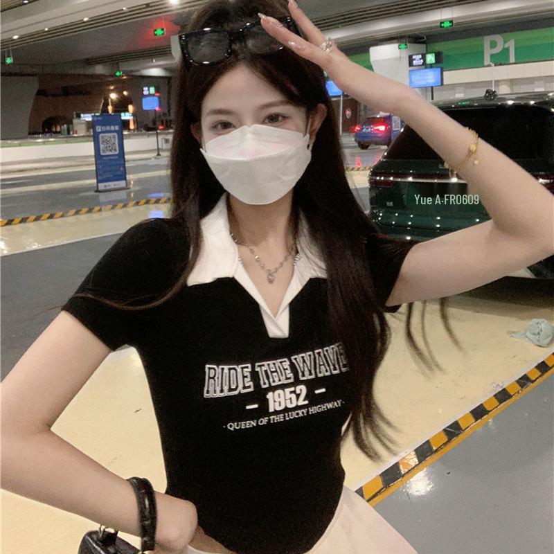 

Женский летний топ с коротким рукавом, воротником поло и ярким цветовым блоком - Необычный, приталенный дизайн XL (105-120 lbs)