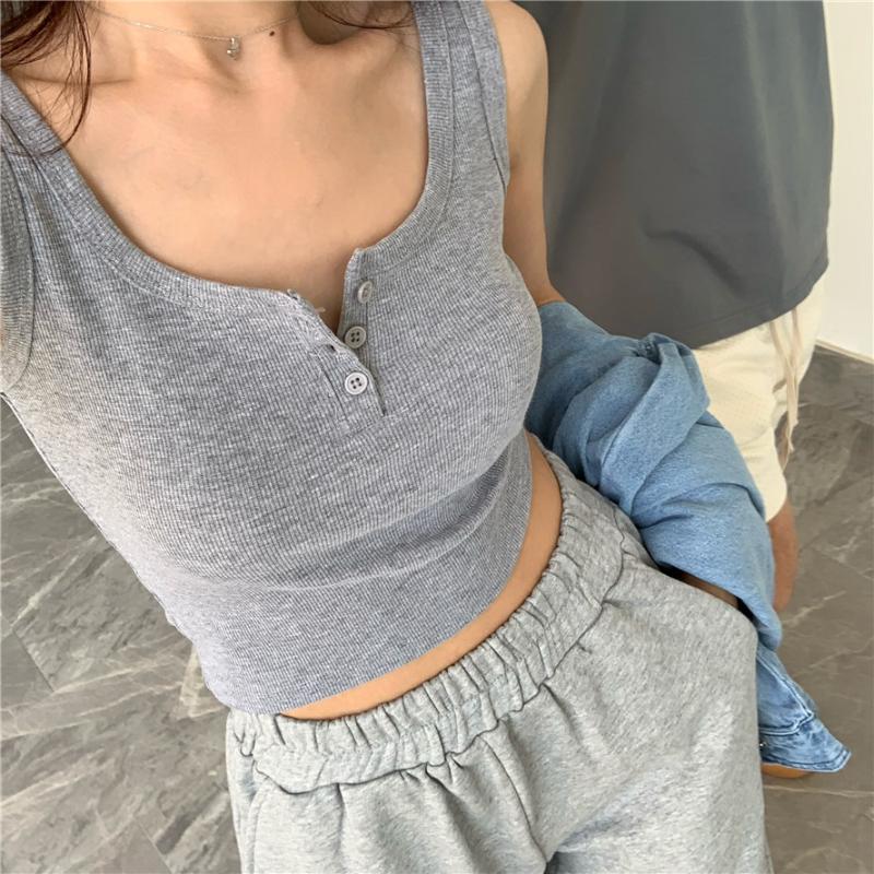 Tank Top Button Ribbed Crop Tops Women Summer Camis U-neck Camisole Fashion Casual Tube Female Sleeveless