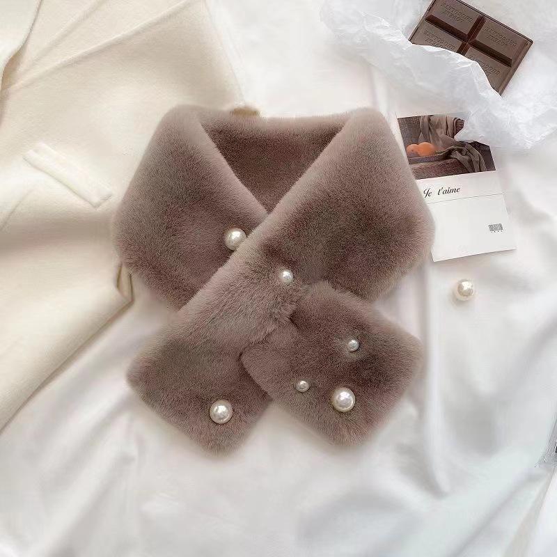 Women's Korean Style Imitation Rex Rabbit Fur Scarf - Versatile Autumn & Winter Thick Warm Pearl Cross Neck Warmer.