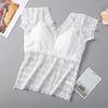Women Lace Top Mesh Sheer Short Sleeve V Neck Undershirt with Padded Bra Floral