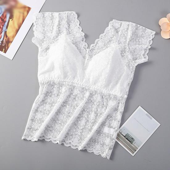 Women Lace Top Mesh Sheer Short Sleeve V Neck Undershirt with Padded Bra Floral