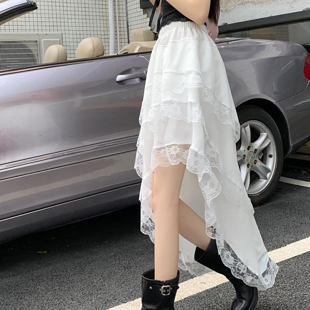Chic Asymmetrical Long Skirt Women Spliced Lace High Waisted Folds A Line Skirts New Fashion Streetwear Women's Black Skirt