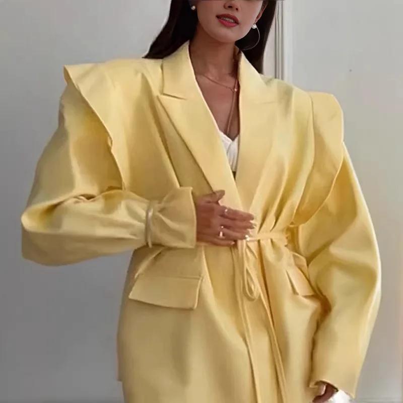 Oversized Blazer Jacket Women Casual Solid Turn Down Collar Lace Up Coat Winter Fashion Design Street Commute Office Lady Jacket