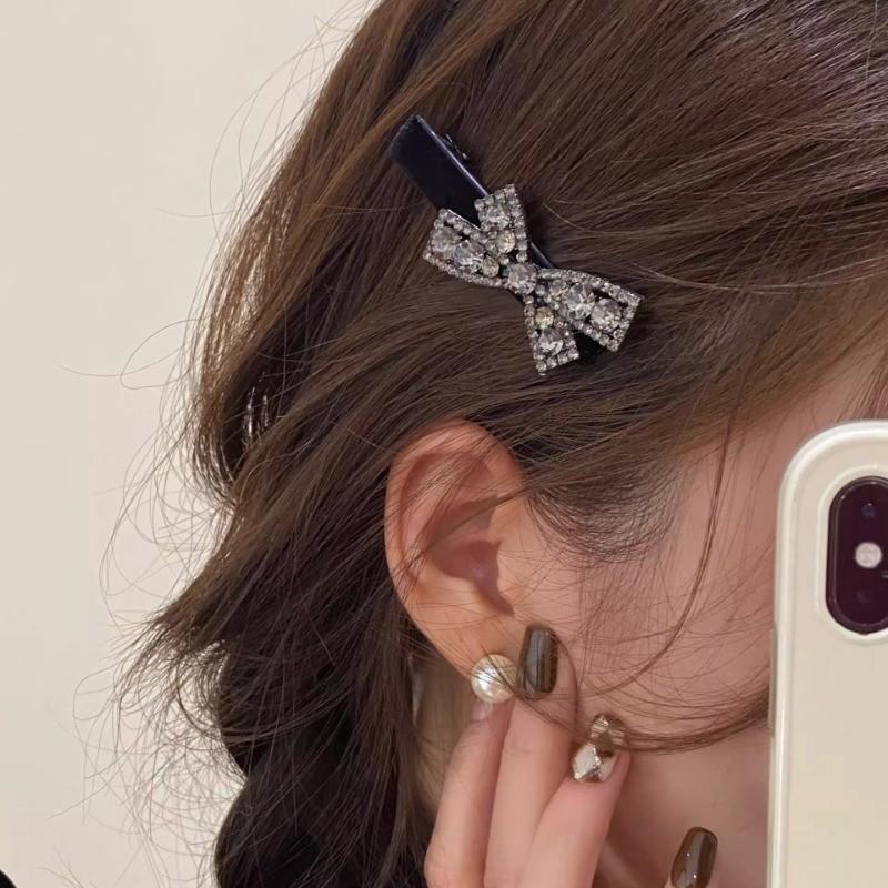 2Pcs Black Bow Zircon Hair Clip for Women's French Luxury Temperament Hair Clip BB Clip Girls Hair Accessories