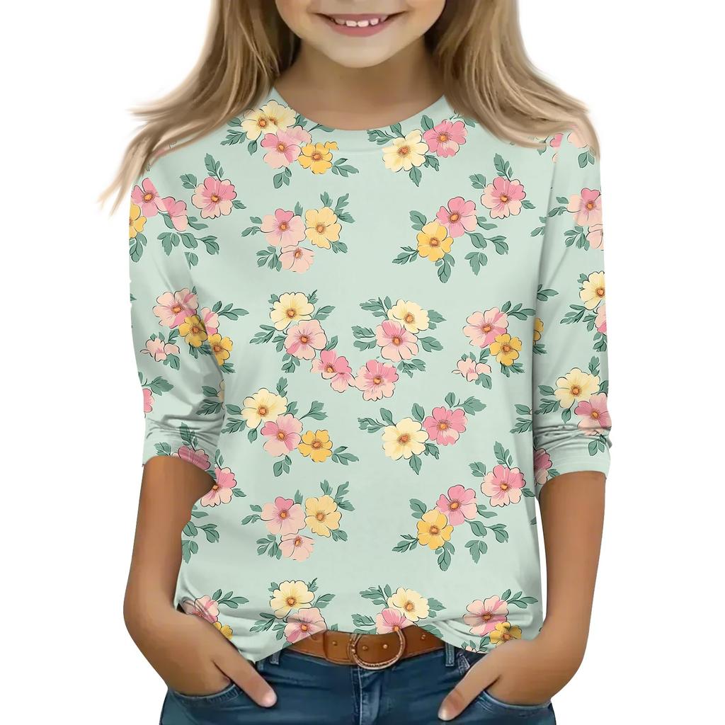 Print Tops For Youth Girls 5-16 Years Round Neck 3/4 Sleeves T-Shirts Trendy Tops Outfit Tees