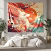 Japanese Nine Tailed Fox Torii Gate Sunset Tapestry Vintage Ukiyo-e Oriental Animal Wall Hanging for Bedroom Home Decor