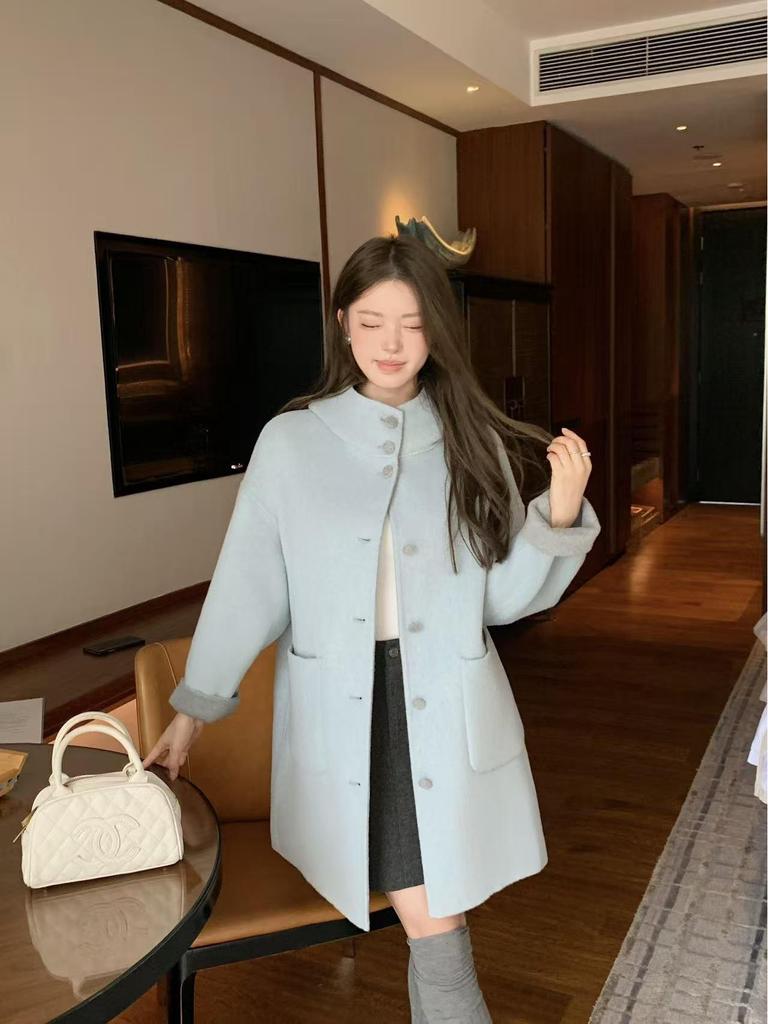 Reversible Korean Style Hooded Long Wool Coat, Light Colors, Thick Double-Faced Wool, Loose Fit, Slimming, High-End Outerwear.