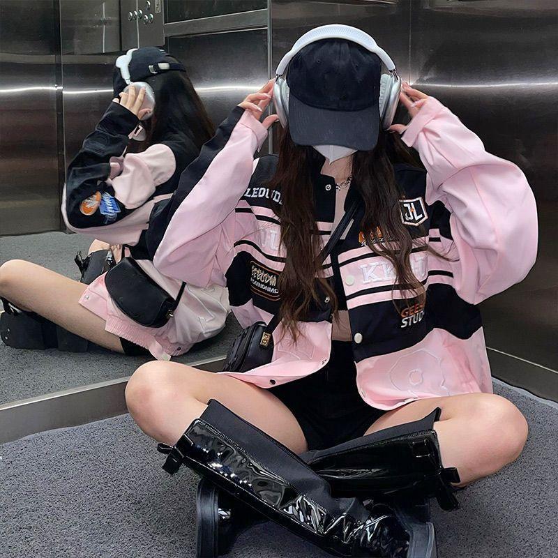 American Fashion Detachable Motorcycle Jacket Women's Clothing Retro Hip-hop Loose Couple Baseball Outfit Pink Casual Coat