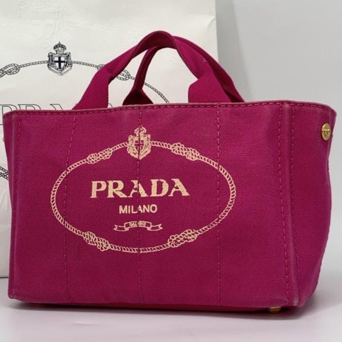 PRADA Canapa Mini Handbag Tote Shoulder Bag Canvas 2WAY Pink Logo Jacquard Women's