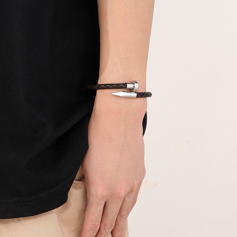 Men's Leather Magnetic Clasp Bracelet with Stainless Steel Nails