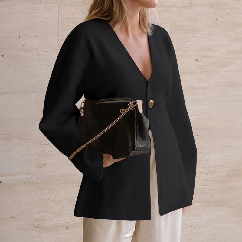 Women Fall Brown Deep V Neck Knit Cardigan One Button Wrap Sweater S чёрный