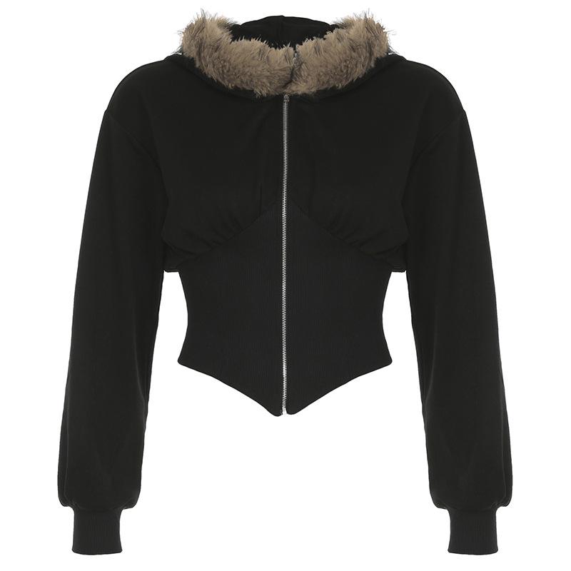 

Женский ретро однотонный кардиган с капюшоном: Утягивающий фасон с меховым воротником. Medium чёрный