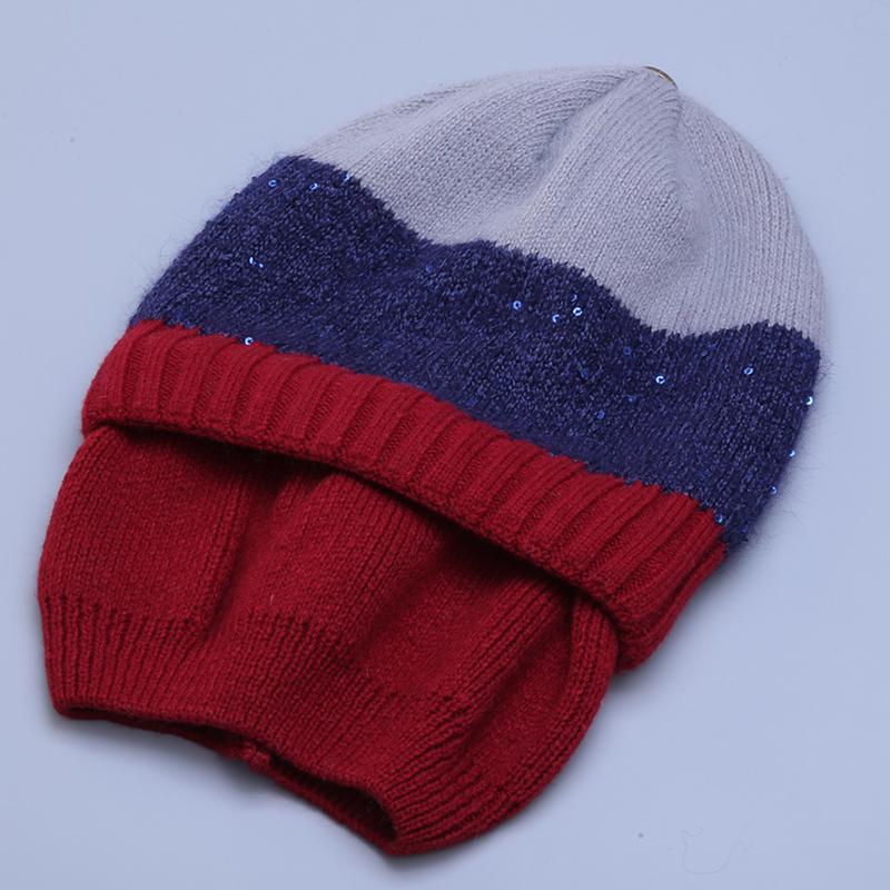 Women Hat Winter Sequins Knitted Rabbit Fur Beanies Fashion Warm Casual Hats with Natural Raccoon Fur Pompom Cap Female