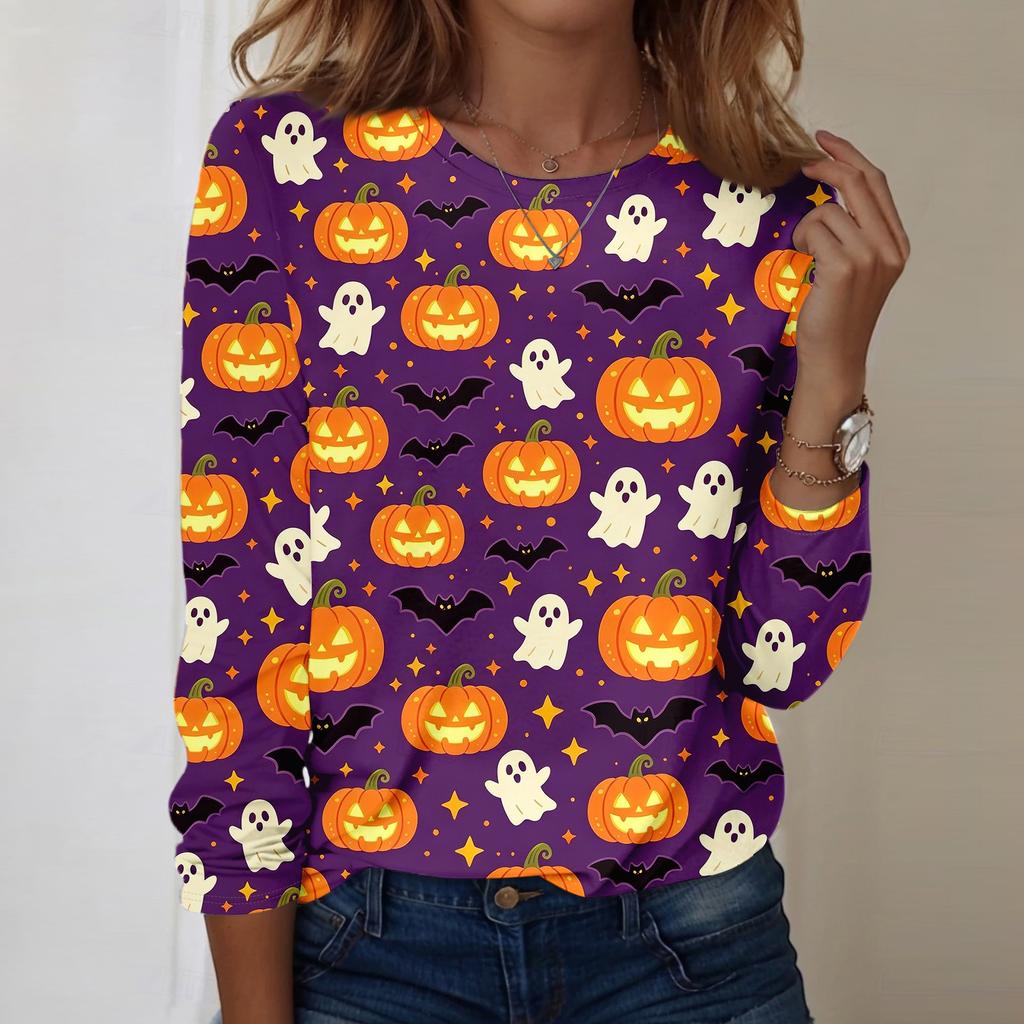 Women Casual Long Sleeve Pullover Sweatshirt Halloween Pumpkin Print Round Neck Top Lightweight Comfortable Fit