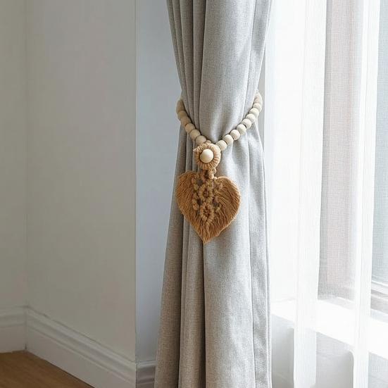 Functional Window Curtain Embellishments Braided Leaf Tieback, Boho Wooden Bead Holder, Textile Decorations Rustic Farmhouse Drapery Holdback
