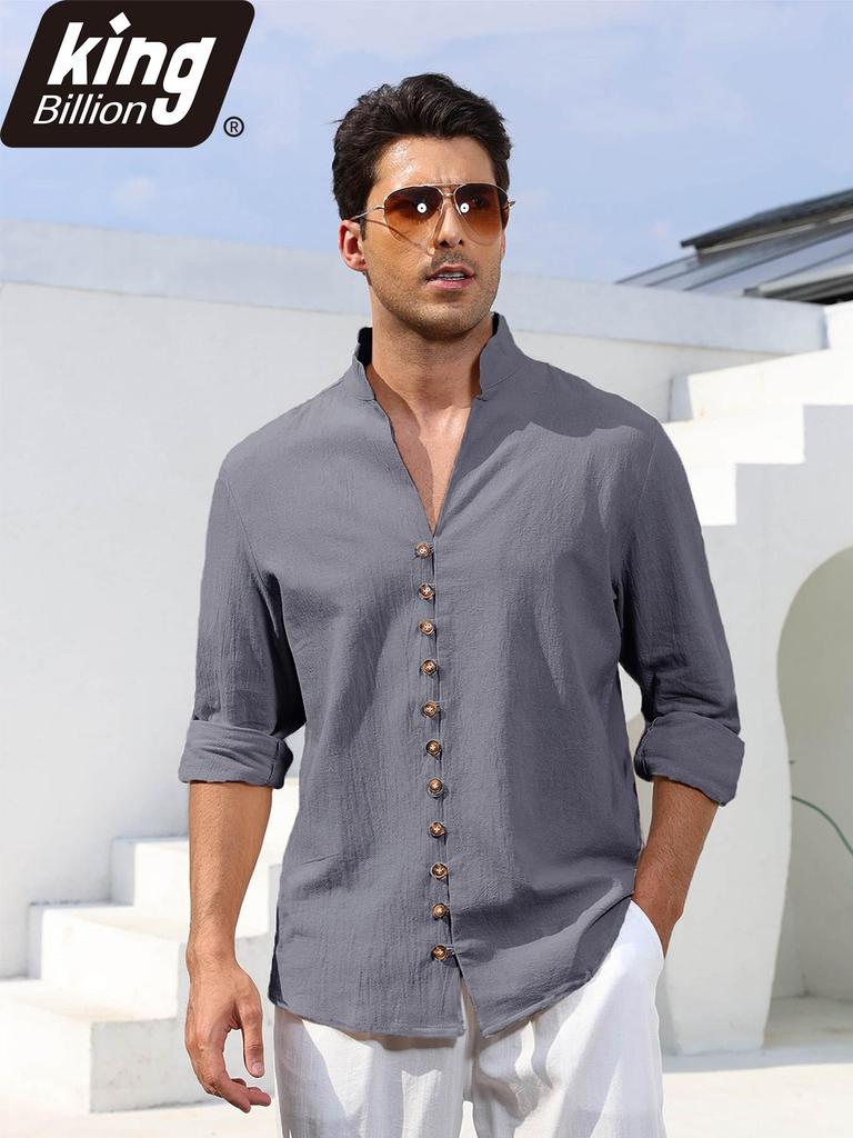Men's Linen Cotton Blend Long Sleeve Shirt - Stylish Single Breasted Henley Neck Casual Tops for Daily Wear