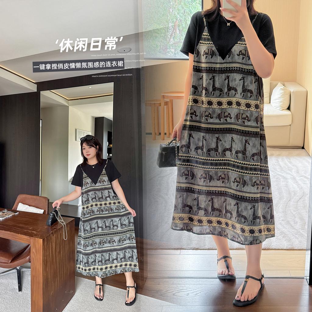 Large size splicing fake two-piece holiday style straight dress 2026 summer new animal pattern thin skirt 275159