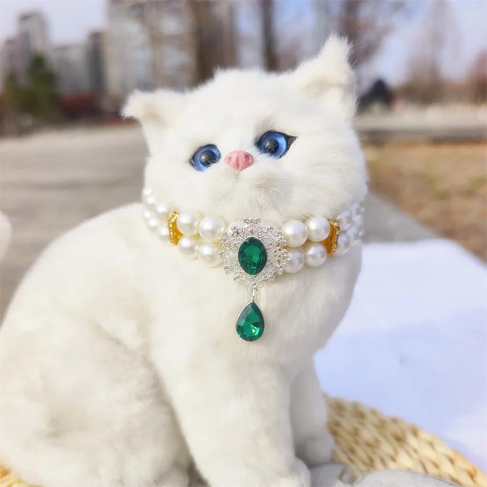 1pc Luxury Double Layer Pearl Pet Necklace with Diamond Pendant Wedding Costume Dog Cat Crystal Jewelry Accessories Pet Supplies