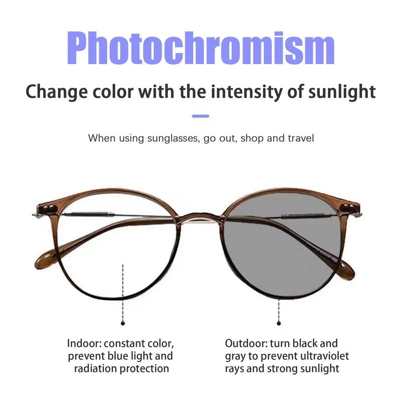Fotokrom polarisert fargeendring Runde briller Briller Dame Anti-blå spill utendørs briller Klar linse