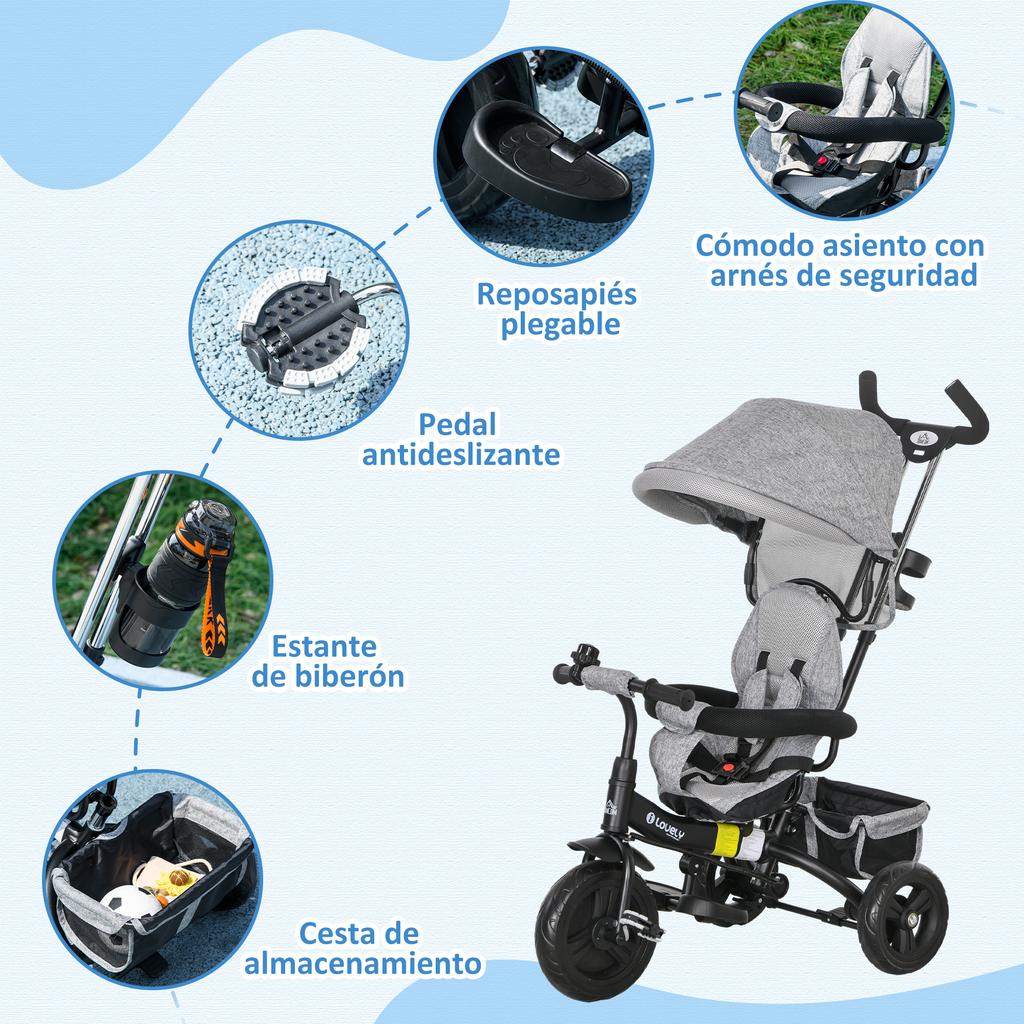 Evolutionary Tricycle, 12+ Months, Foldable Canopy, Telescopic Push Handle, Safety Belt, Gray