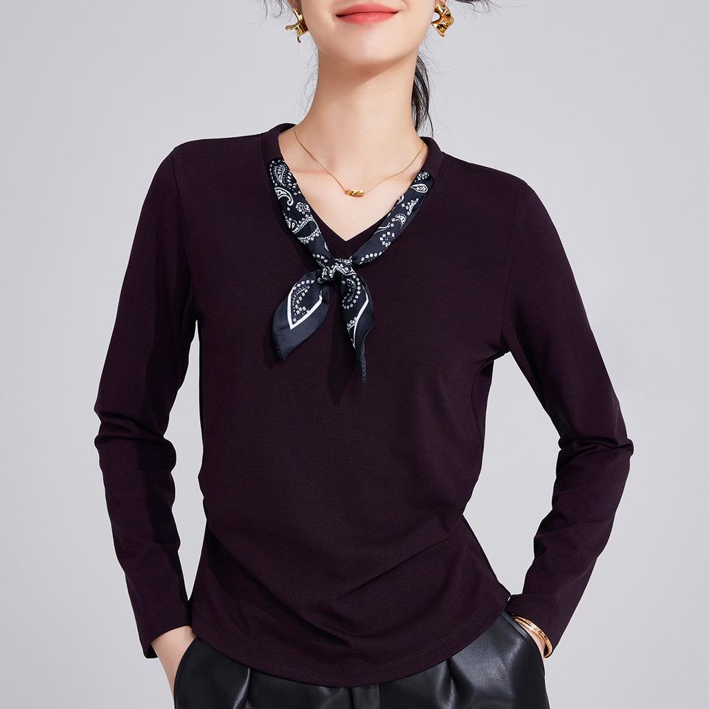 High-end Silk Scarf Long-sleeved Front Shoulder Women's New Temperament Light and Mature Wind Pleated Waist and Thin Top