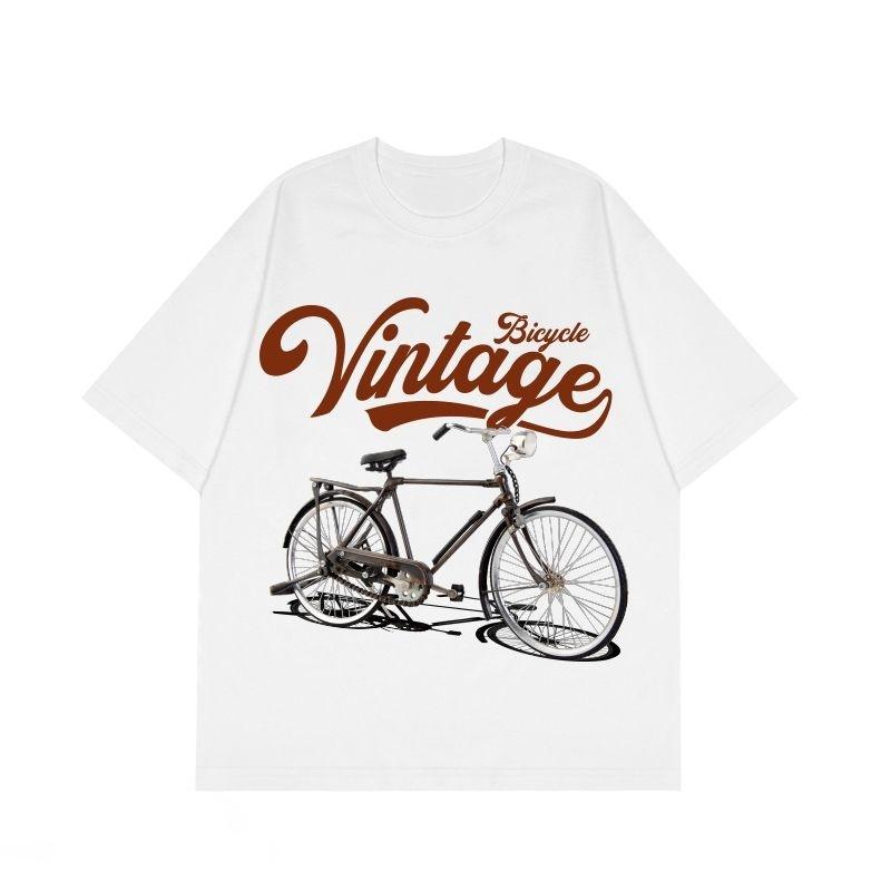 2026 SpringSummer Hot Selling New Vintage Bicycle Printed Couple Short Sleeve Casual Loose Round Neck Cotton Tshirt Top