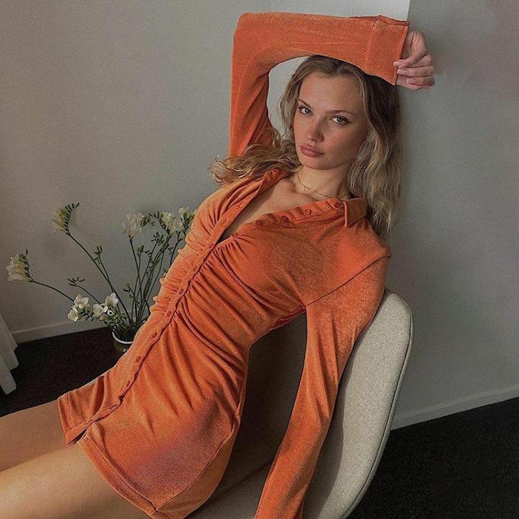

Women Slim Pleated Mini Dress Solid Button Down Collar Shirt Full Sleeve Elegant Temperament Spring Summer M помаранчевий