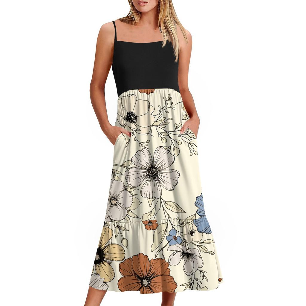Women's Long Beach Casual Elegant Spaghetti Strap Maxi Dress Floral Low-key Flowing Bohemian Dress
