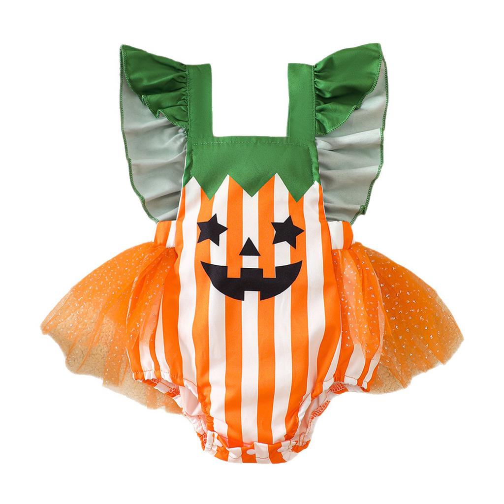 Halloween Pumpkin Costume Striped Mesh Romper with Suspenders for Infant