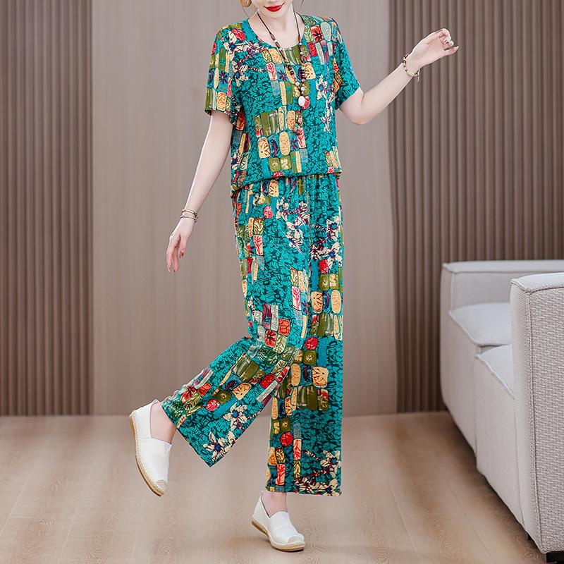 Summer Sets for Women 2 Pieces Plus Size Loose Elegant High Waist Pants Sets Vintage Middle Aged Women's Clothing