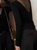 Women's Slim Fit Long Sleeve Top: Elegant Black Mesh Splice with Half-High Collar, Sheer Front/Back, Perfect for Autumn/Winter.