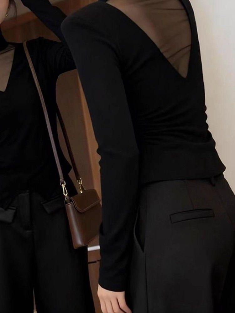 Women's Slim Fit Long Sleeve Top: Elegant Black Mesh Splice with Half-High Collar, Sheer Front/Back, Perfect for Autumn/Winter.