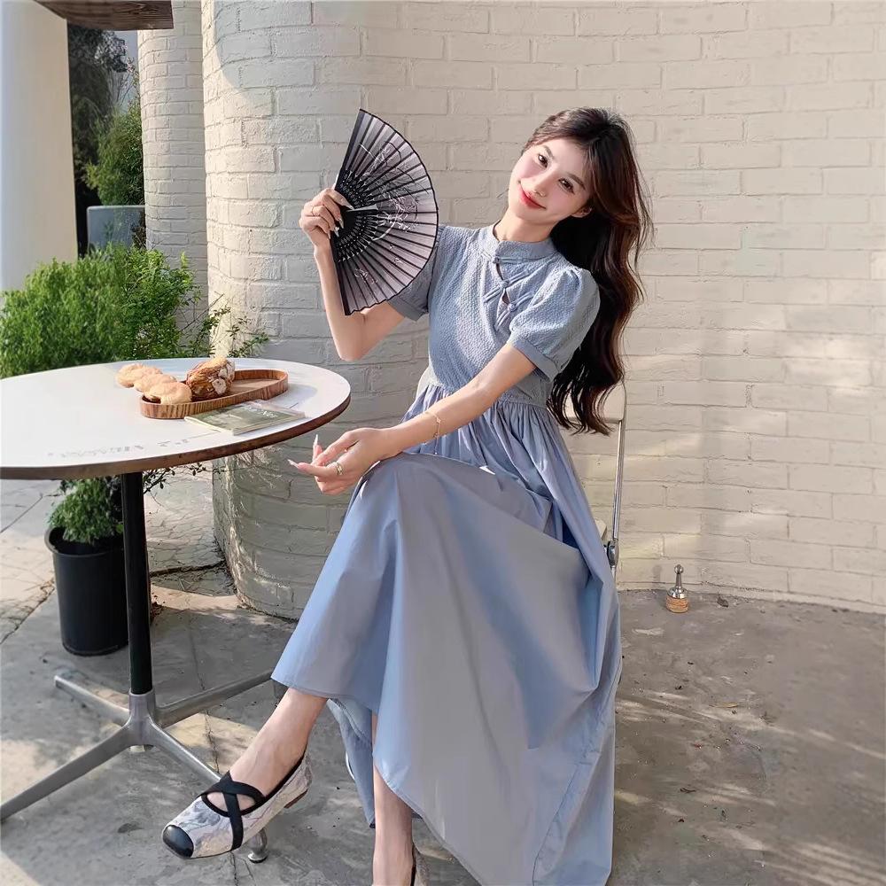 Blue new Chinese dress, summer women's new cheongsam improved, light and mature, foreign style and thin long A-shaped skirt