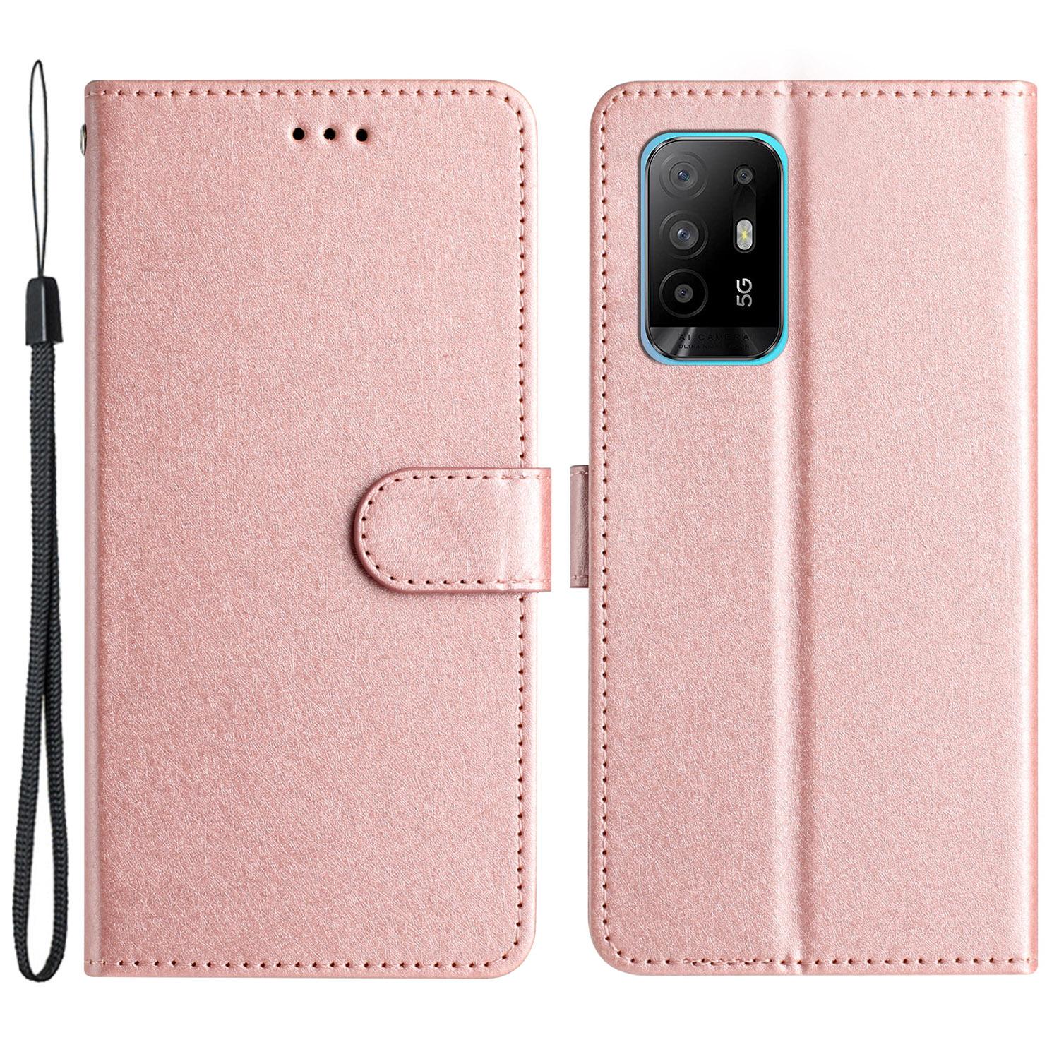 

Stand Shell for Oppo A94 5G Bump Proof Wallet Phone Case Silk Texture Leather Cover with Wrist Strap Rose Gold