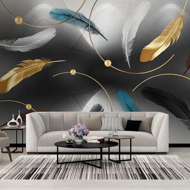 Custom Any Size Modern Mural Waterproof Canvas Fabric Wallpaper Abstract Smoke Golden Feather TV Background Papel De Parede 3D