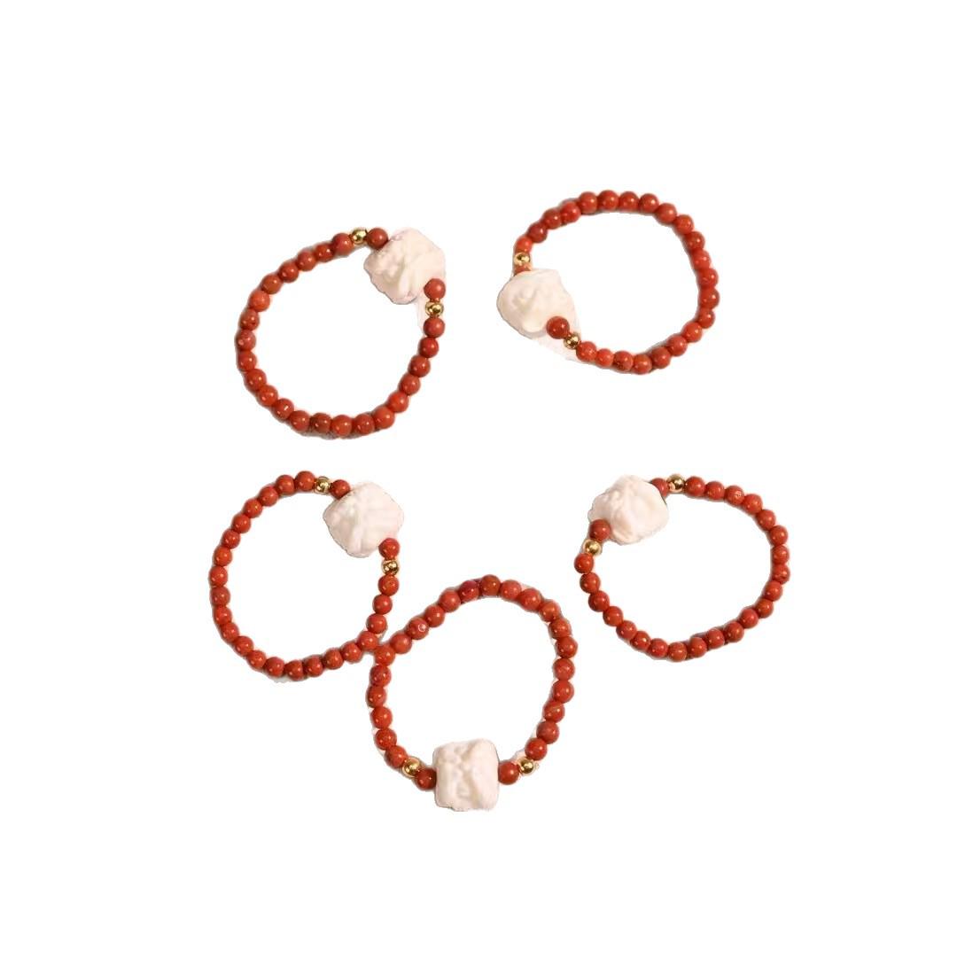 Natural Mammoth Ivory Lion Ring with South Red Millet Bead – Fashionable Simple Band