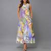 Ladies Oversized Sleeveless Crew Neck Dress Bright Mixed Tropical Foliage Flowy Calf Length Dress