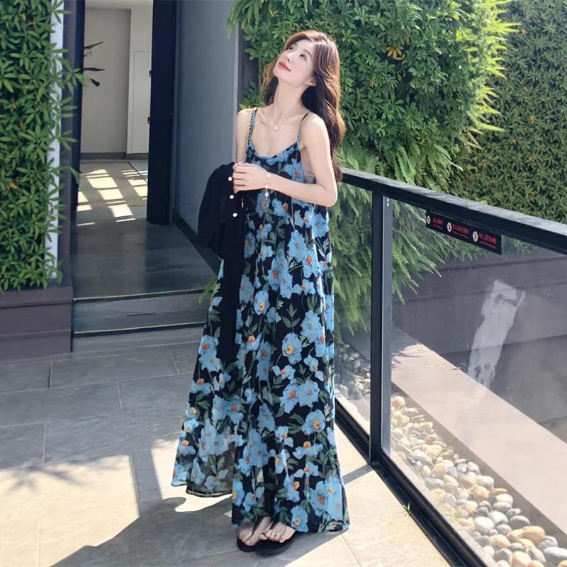 2026 Summer Blue Spaghetti Strap Beach Dress for Women