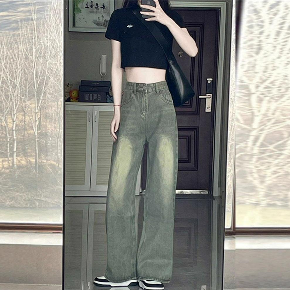 

Design Sense Abrasion Straight Mopping Pants Summer High-waisted Vintage Blue Loose Skinny Wide-legged Jeans Women s Retro Baggy Long Jeans for Ladies 4XL