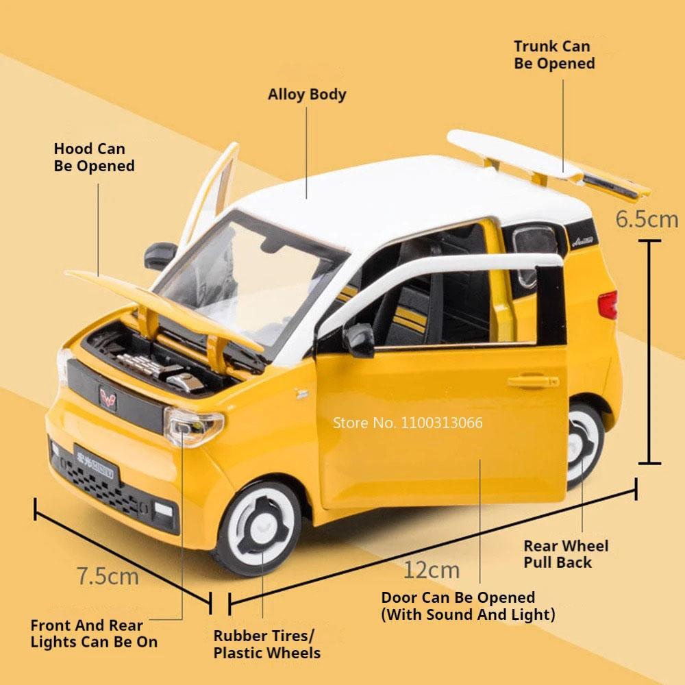 1:24 Scale WULING HONGGUANG MINIEV Metal Car Toy Models Rubber Tires with Light Music Vehicle Collection Toys Kids Festival Gift