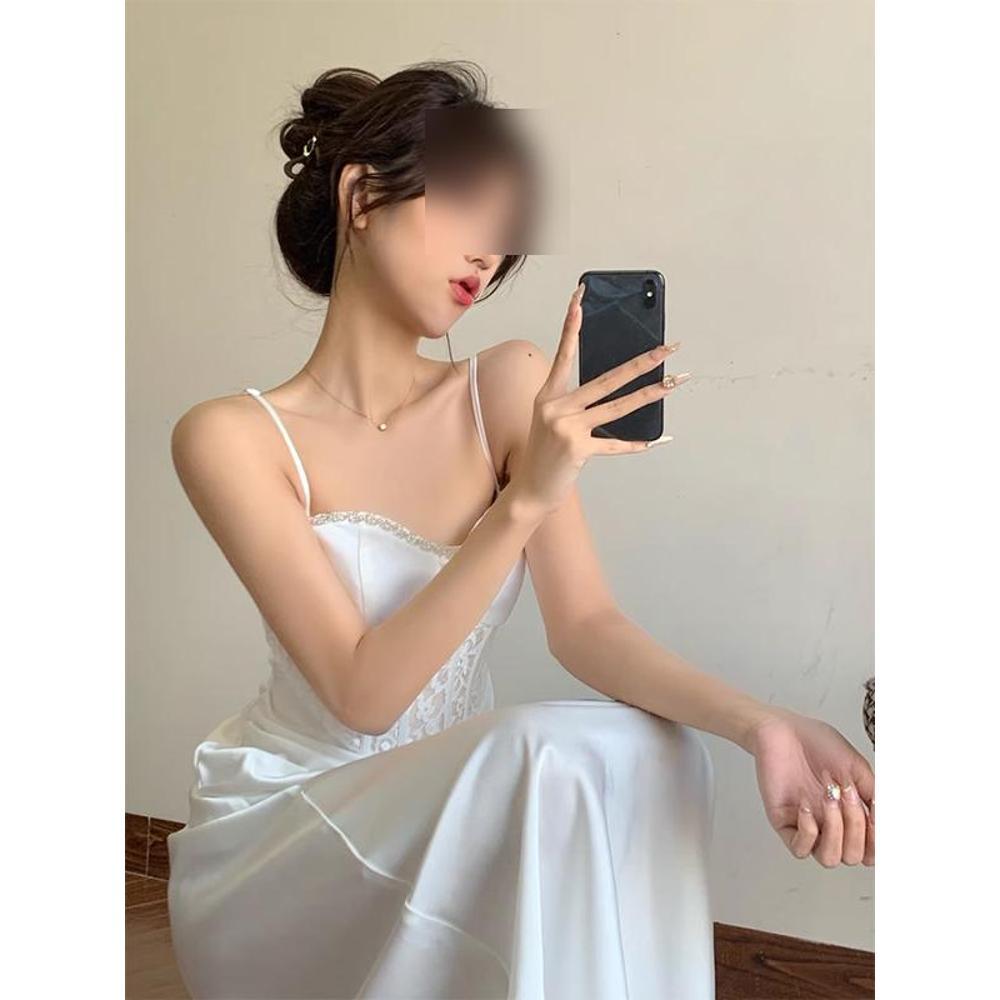 Girls versatile white fish bone suspender dress women's leisure new niche temperament waist dress long dress