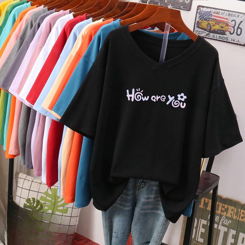 Camiseta de manga curta, Solta, Top V-neck Estampado Emagrecedor para Mulheres