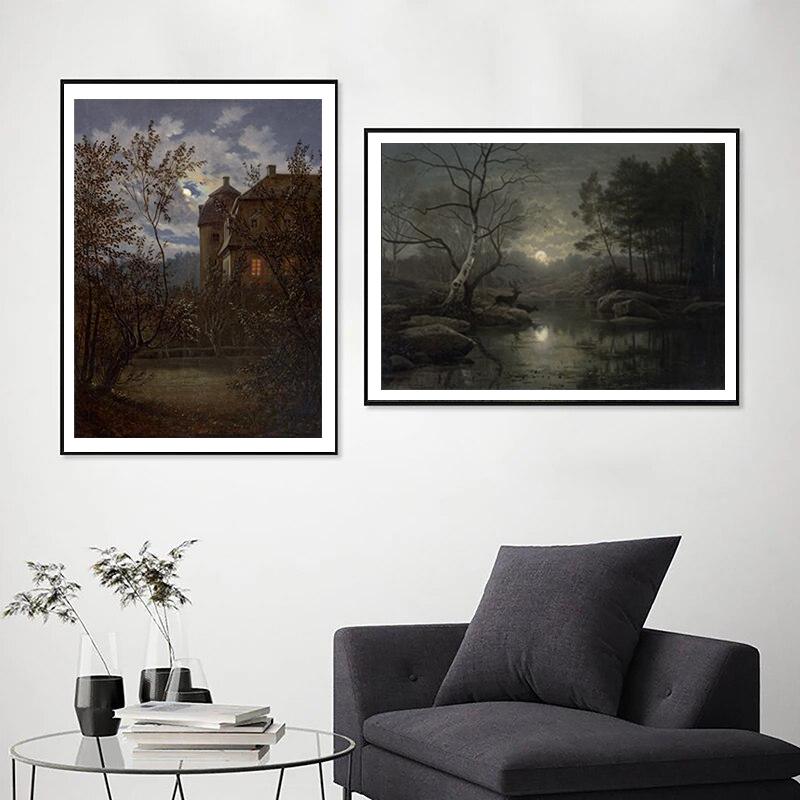 Vollmond Gruselig Gothic Wandkunst Leinwanddruck Halloween Heimdekoration Vintage Spukhaus Gemälde Stimmungsvolle Wandbilder