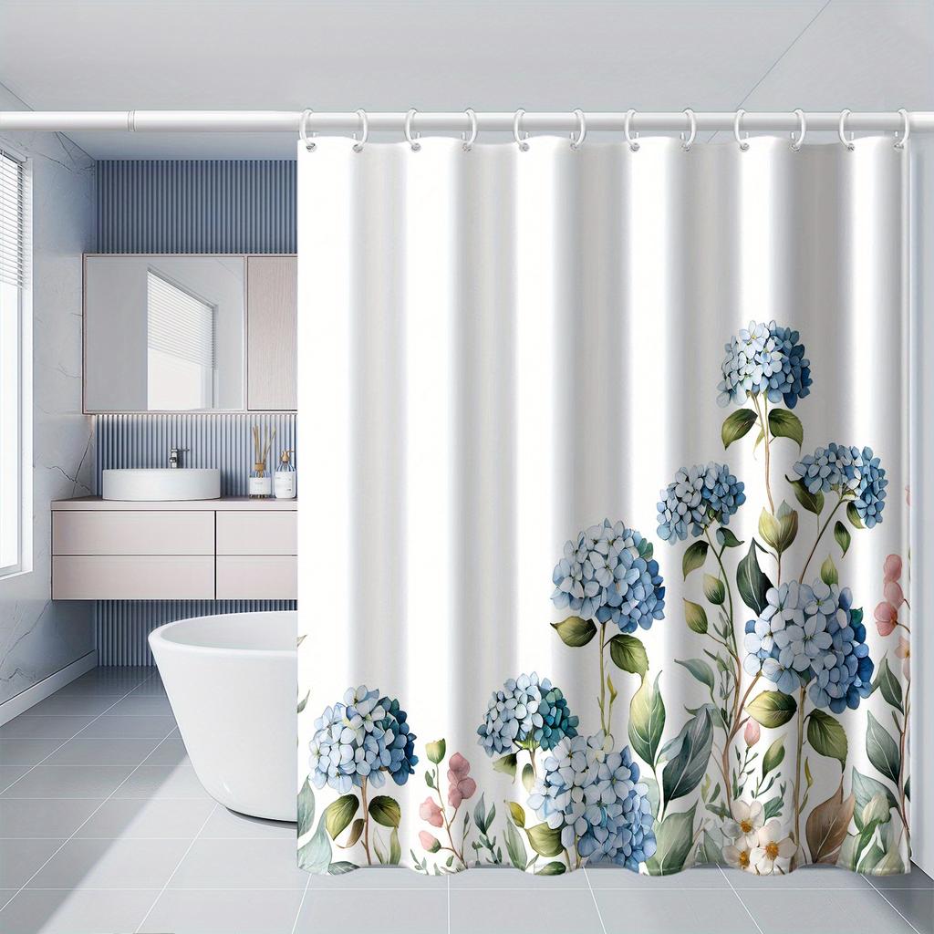 1 X Blue Hydrangea Print Shower Curtain With Hooks - Polyester Fabric, Machine Washable, Suitable For Bathroom Decoration