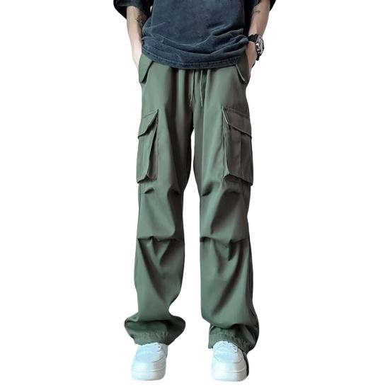 Men Cargo Pants Mid-rise Drawstring Multi Pockets Design Leisure Trousers Solid Color Wide Leg Outdoor Camping Pants Plus Size