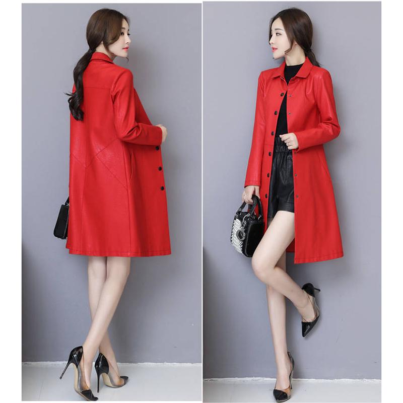 Podzimní a zimní dámský středně dlouhý úzký trenčkot z pravé kůže a zesílený bavlnou