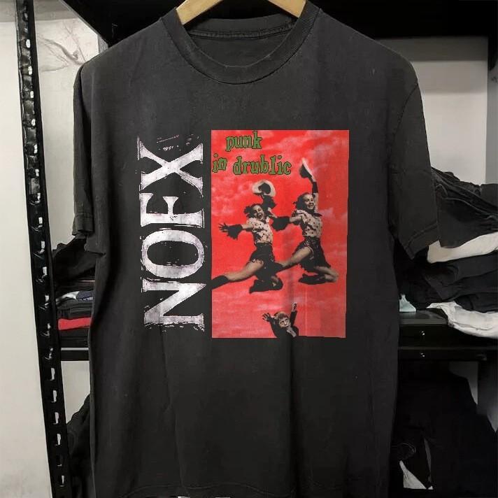HOT! NOFX Tee Punk In Drublic Rock Band Black Heavy Cotton T-Shirt M