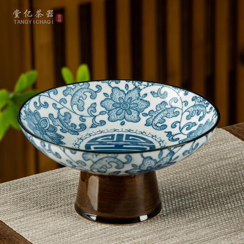 Blue and White Porcelain Ceramic Plate Dessert Plate Tall Fruit Tray Ice Cream Bowl Home Living Trinket Dish Kitchen Tableware