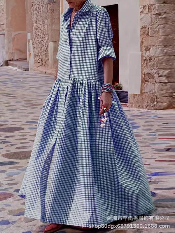 Women's Plaid Midi Dress with Ruffled Waist, Notched Collar and 3/4 Sleeves in Pink, Blue, Gray