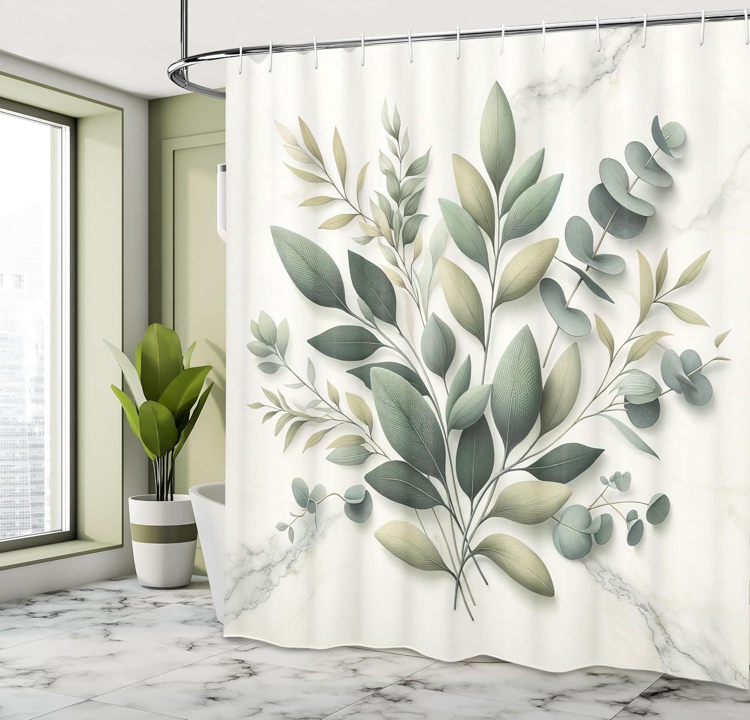 Eucalyptus Leaves Shower Curtain, Botanical Art of Delicate Branches on Pastel Toned Marble Print, Cloth Fabric Bathro 90x180cm
